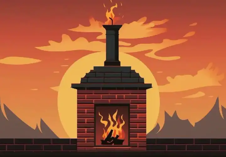 Chimenea de ladrillo con fuego y humo ascendiendo. El humo de la chimenea es malo para el aire, especialmente con este atardecer anaranjado.