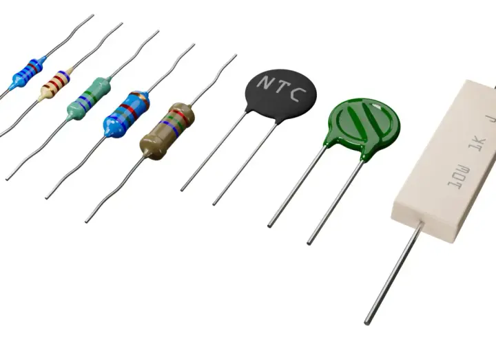 Różnorodne elementy elektroniczne: rezystory kolorowe, termistor NTC, warystor i rezystor ceramiczny.