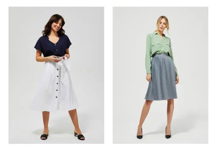 Dwie kobiety prezentują eleganckie zestawy: biała spódnica z granatową bluzką i zielona bluzka z niebieską spódnicą. Idealny dress code na lato.