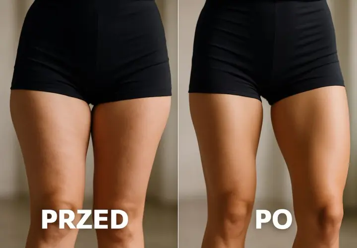 Przed i po ćwiczeniach z hantlami na nogi. Widoczna poprawa jędrności i kształtu ud.