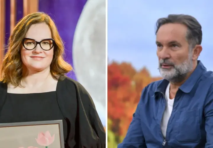 Joanna Kołaczkowska w okularach i mężczyzna z brodą w niebieskiej kurtce.
