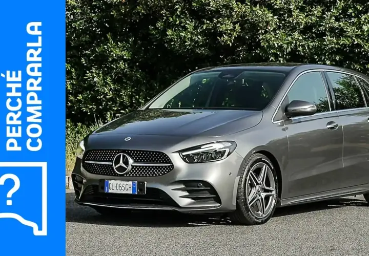 Mercedes-Benz Classe B 180 CDI grigia, con testo "Perché comprarla" e un punto interrogativo.