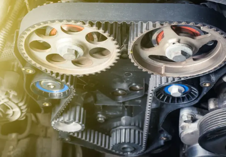 Detalle de la correa de distribución de un motor, con sus poleas y tensores. Es un componente clave que se cambia con la correa de distribución para asegurar el correcto funcionamiento del motor.