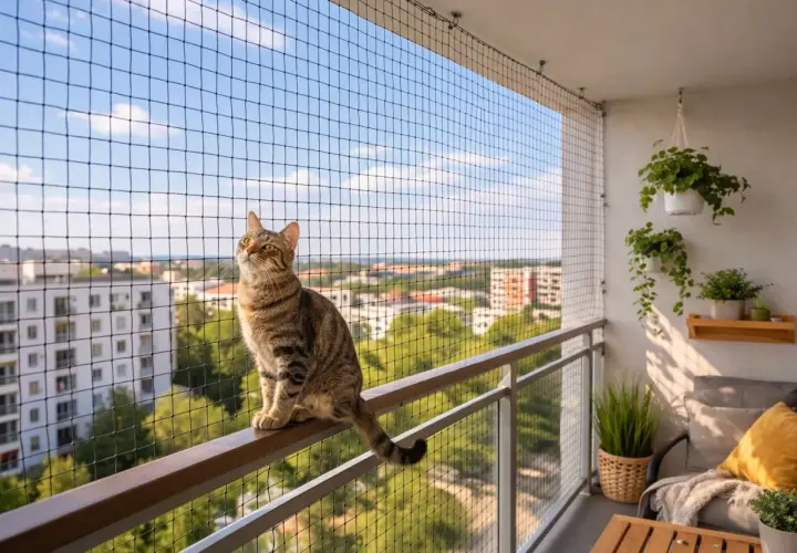 Kot na balkonie, zabezpieczonym siatką, cieszy się widokiem. To idealne meble dla kota na balkon, zapewniające mu bezpieczeństwo i przestrzeń do obserwacji.