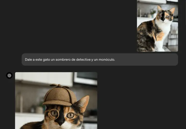 Gato atigrado con sombrero de detective y monóculo, como en las **chatgpt fotos**.
