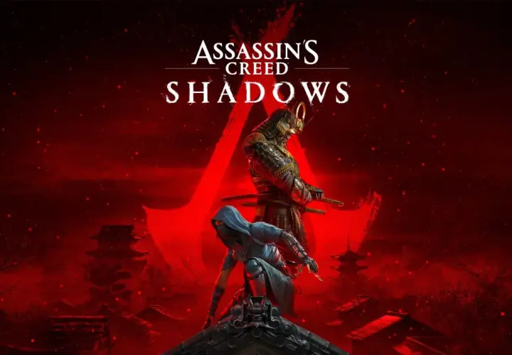 Dwóch zabójców, jeden w zbroi samuraja, drugi w kapturze, czai się na dachu. Tytuł gry Assassin's Creed Shadows.
