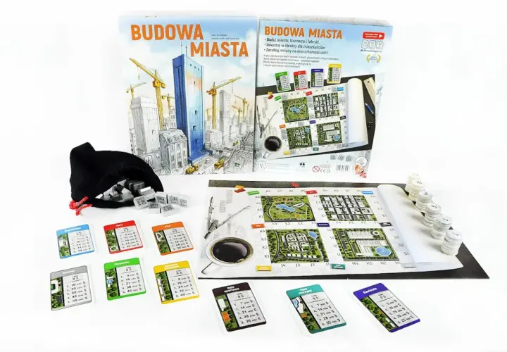 Gra planszowa "Budowa Miasta" z elementami do budowania, kartami obiektów i planszą.
