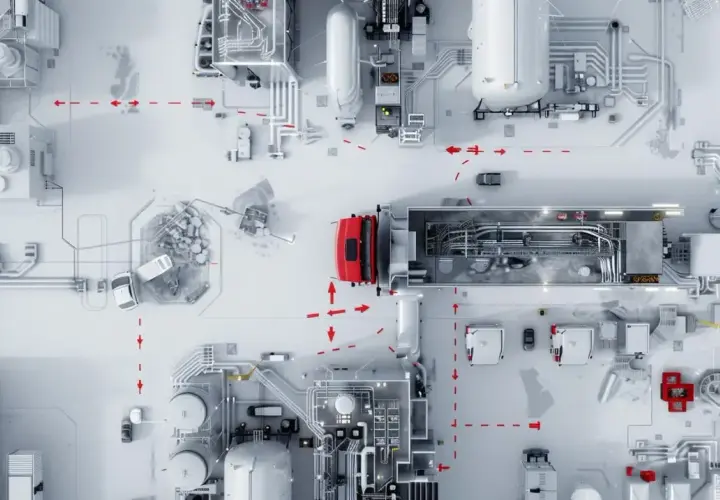 Eine rote LKW-Flotte optimiert die milk run logistics auf einem Fabrikgelände mit komplexen Rohrleitungen und Behältern.