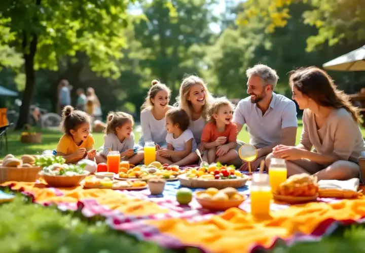 Radosny piknik rodzinny w parku. Rodzina siedzi na kocu, otoczona jedzeniem i napojami, ciesząc się wspólnym czasem na świeżym powietrzu.
