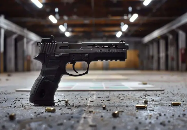 Pistolet moderne, idéal pour le tir sportif avec licence. Des douilles jonchent le sol d'un stand de tir.