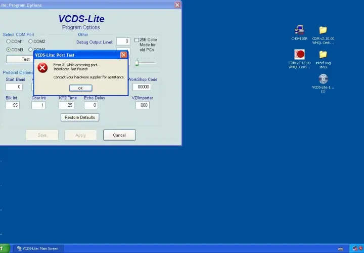 Błąd interfejsu w VCDS-Lite. Program VCDS-Lite wyświetla komunikat o błędzie 31 podczas testowania portu, sugerując kontakt z dostawcą sprzętu.
