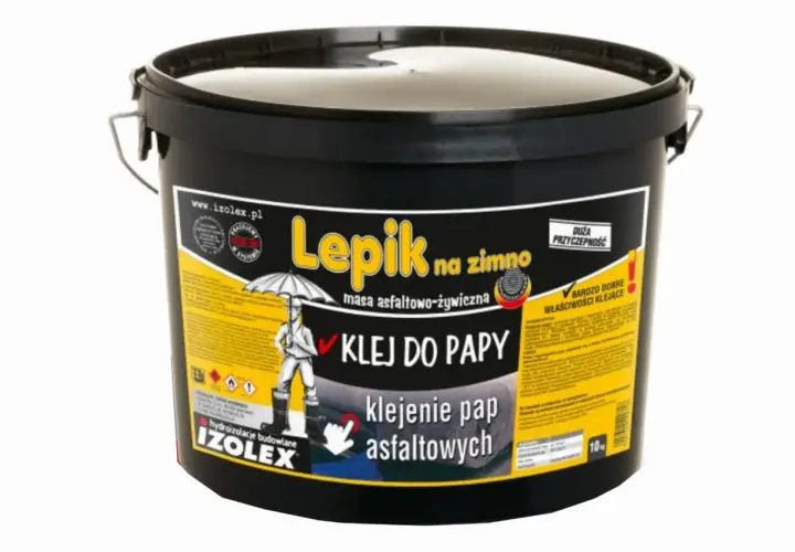 Czarny kubeł z masą asfaltowo-żywiczna IZOLEX Lepik na zimno. Idealny do klejenia pap, czym rozcieńczyć lepik na zimno? Sprawdź etykietę!