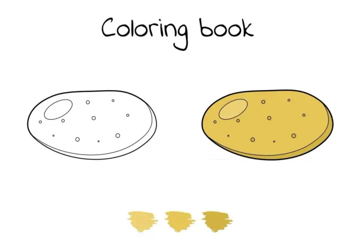 Un dibujo para colorear de patatas. Una patata en blanco y negro para pintar y otra ya coloreada de amarillo.