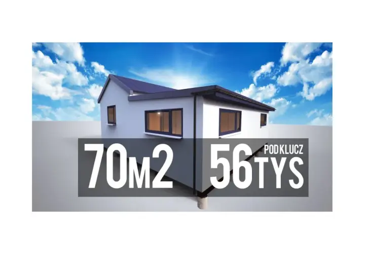 Nowoczesny dom 70m2 pod klucz. Biała bryła z ciemnymi oknami i dachem, na tle błękitnego nieba z chmurami.
