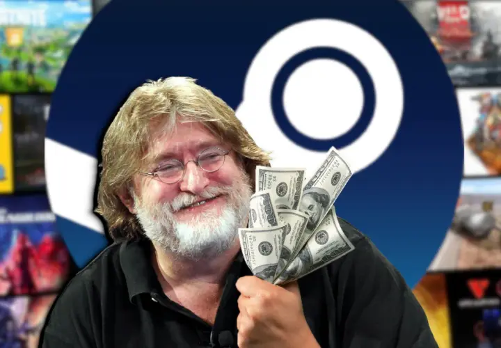 Gabe Newell z kupką dolarów, zastanawiasz się, czy Steam zwraca pieniądze na konto bankowe? Tło to logo Steam i okładki gier.