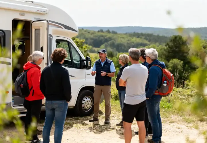 Un groupe écoute un guide près d'un camping-car, prêt pour des sorties organisées en camping-car dans un paysage verdoyant.