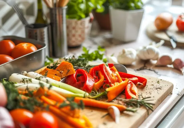 Kolorowe warzywa na desce: marchew, papryka, cebula, czosnek, pomidory. Idealne składniki do zdrowych dieta paleo przepisy.