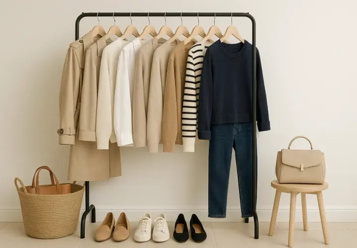 Un armario cápsula con prendas neutras: gabardina, jerséis, camisa, sudadera y vaqueros. Zapatos planos, zapatillas y bolso completan el look.