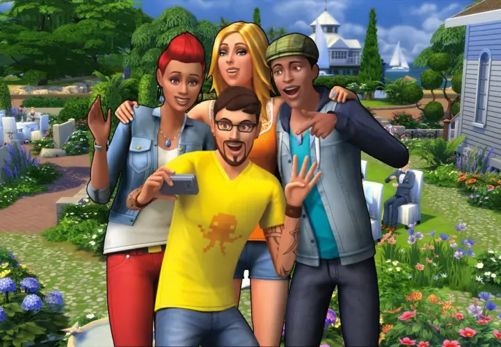Grupa Simów robi sobie selfie na tle pięknego ogrodu. Chcesz mieć takie życie? The Sims 3 kody na potrzeby pomogą!