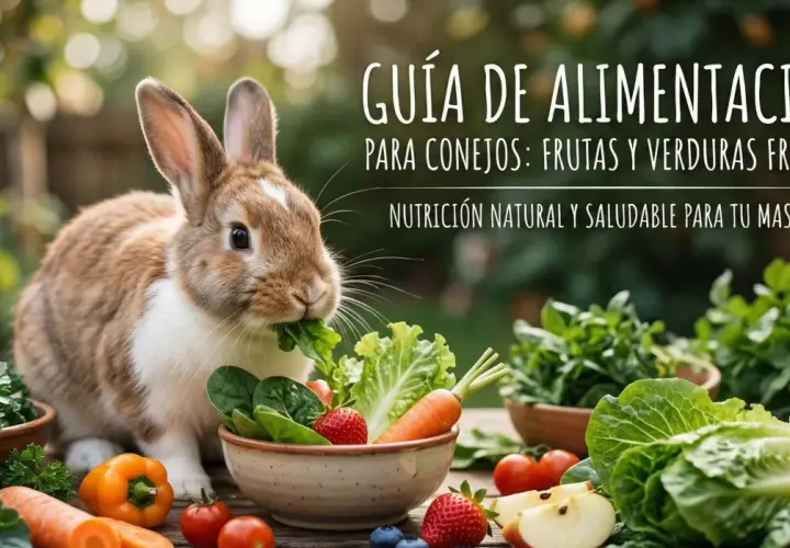 Conejo comiendo lechuga, rodeado de una tabla de alimentos para conejos: zanahorias, fresas, pimientos y más.