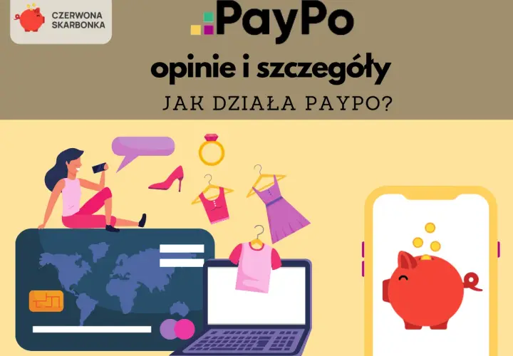 Kobieta z telefonem siedzi na karcie kredytowej, obok ubrania i pierścionek. PayPo to płatność odroczona, która ułatwia zakupy.