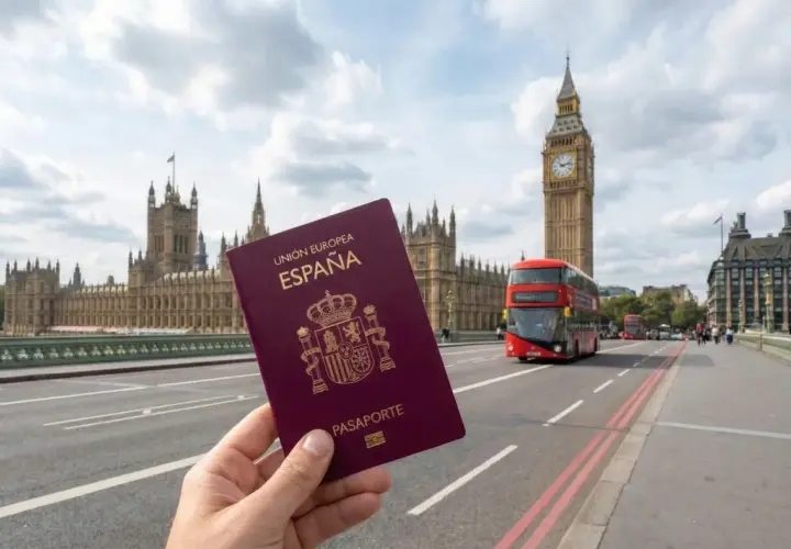 Pasaporte español en mano, listo para viajar a Londres. Al fondo, el Big Ben y el Parlamento.
