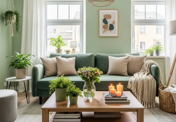 Zielona sofa w salonie, ściany w kolorze pistacjowym, jasne poduszki, bukiet kwiatów i palące się świece na stoliku.