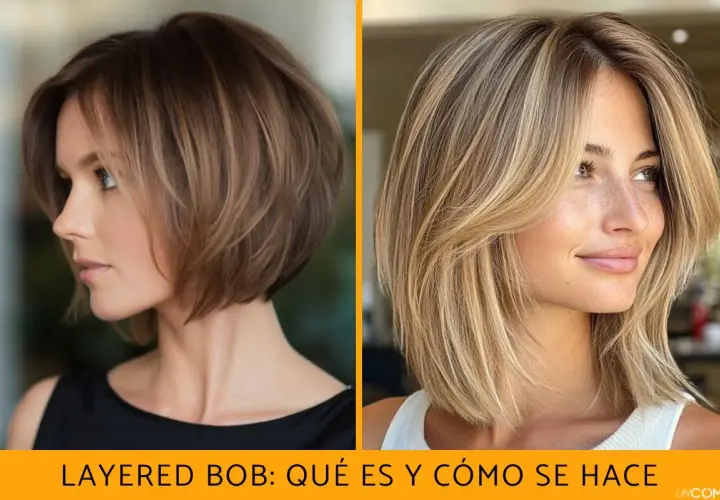 Dos estilos de cortes bob en capas: uno castaño oscuro y otro rubio con flequillo.