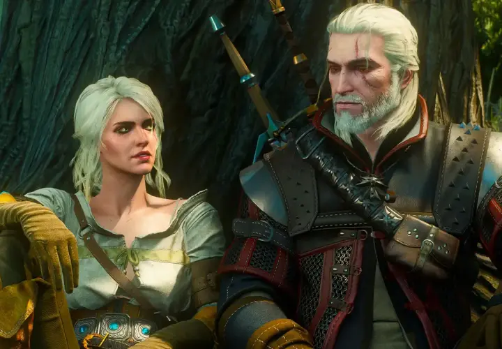Geralt i Ciri, bohaterowie kultowych **gier fabularnych po polsku**, odpoczywają w lesie.
