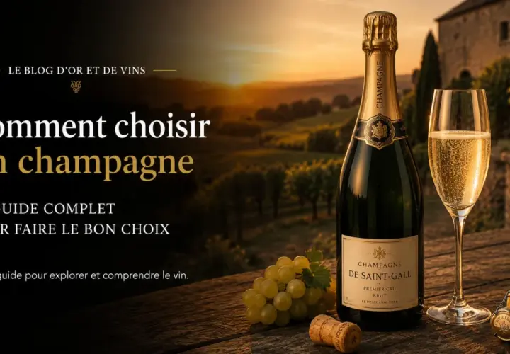 Une bouteille et un verre de champagne pétillant, prêts à être dégustés, sur fond de vignoble au coucher du soleil.