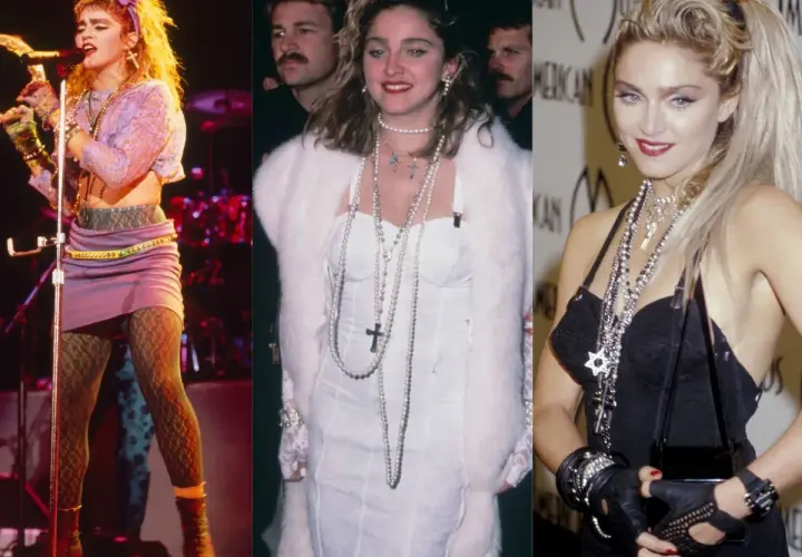 Ikony lat 80. w stylizacjach: Madonna na scenie, w białej sukni z futrem i na gali w czarnej kreacji.