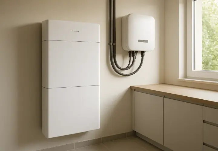 Nowoczesny system magazynowania energii elektrycznej z białym modułem bateryjnym i falownikiem na ścianie.