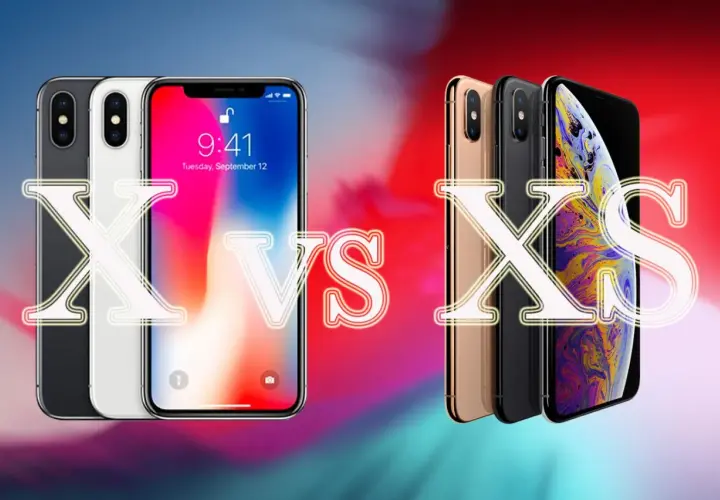Porównanie: czym się różni iPhone X od XS. Widoczne modele iPhone X i XS w różnych kolorach, na tle gradientu.
