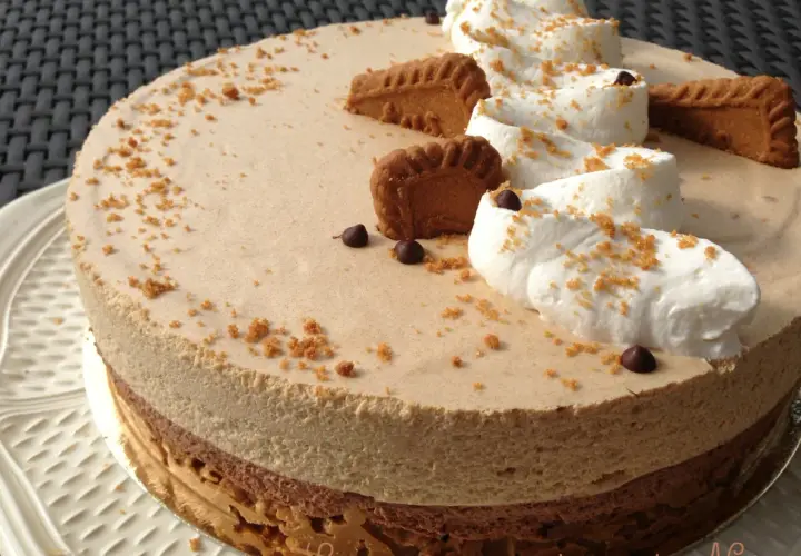 Gâteau à la mousse légère, décoré de crème fouettée, de pépites de chocolat et de biscuits speculoos croustillants.
