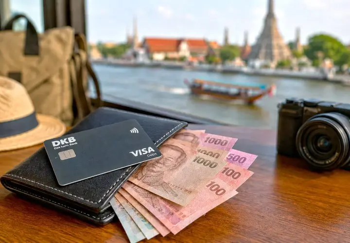 Geld wechseln in Bangkok: Thai Baht, DKB Visa Debitkarte, Hut, Tasche und Kamera liegen bereit für die Reise.