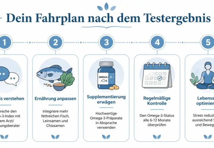 Fahrplan bei Omega-3-Mangel-Symptomen: Ergebnis verstehen, Ernährung anpassen, supplementieren, kontrollieren, Lebensstil optimieren.
