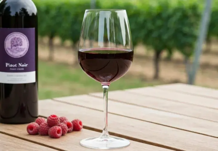 Verre de Pinot Noir, framboises et bouteille sur une table en bois, avec des vignes en arrière-plan. La température idéale pour ce vin est de 14-16°C.