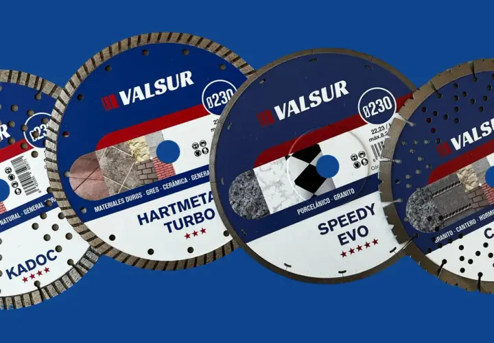 Varios tipos de discos de corte Valsur para materiales duros, gres, cerámica, porcelánico y granito.