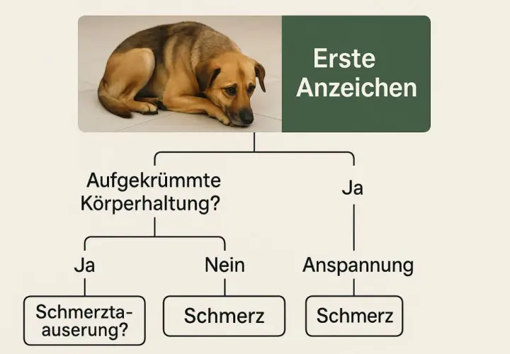 Trauriger Hund mit ersten Anzeichen von Magenproblemen: gekrümmte Haltung, Anspannung, Schmerz.