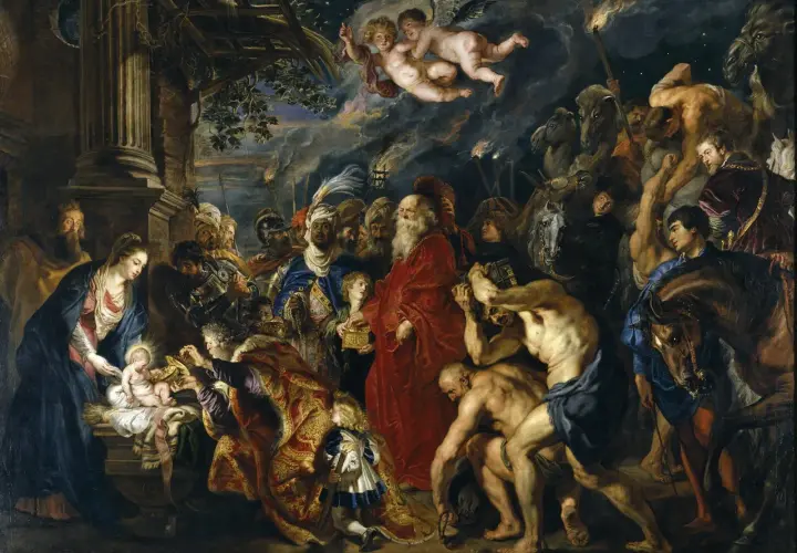 Rubens, w jednym ze swoich najsłynniejszych obrazów, ukazuje pokłon Trzech Króli. Dzieciątko Jezus, Maryja i Józef otoczeni są przez tłum ludzi i zwierząt.