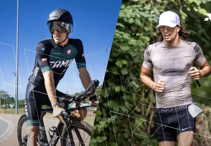 Sportowiec w stroju kolarskim i biegowym, przygotowujący się do wyzwania 10 krotny ironman.