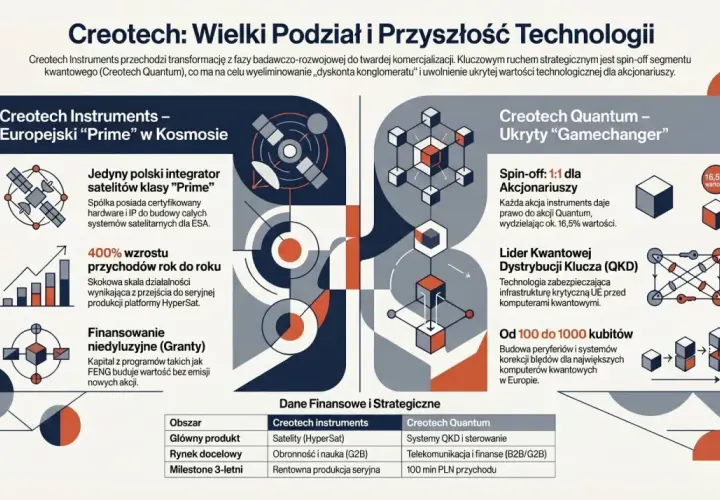 Creotech: podział na Instruments (satelity) i Quantum (QKD, komputery kwantowe). Spin-off Quantum ma uwolnić ukrytą wartość technologiczną, w tym wse: cri.
