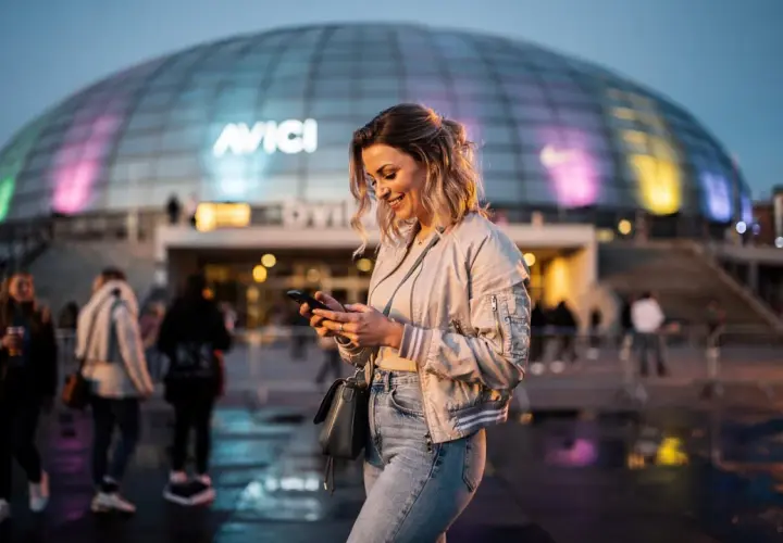Glad kvinna med mobil framför Avicii Arena, Stockholm. Kanske väntar på en kyrkokonsert i Stockholm?