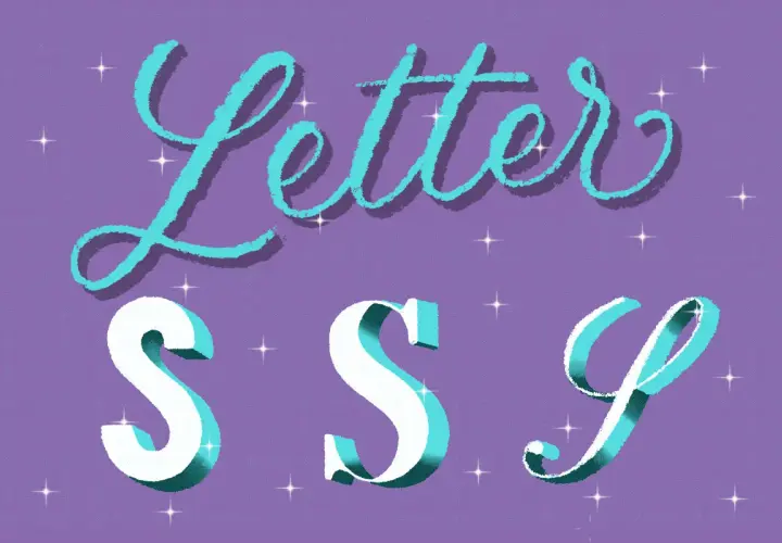 Letter S, S, S. Tres letras S en blanco y turquesa con sombras, sobre fondo morado con estrellas brillantes.