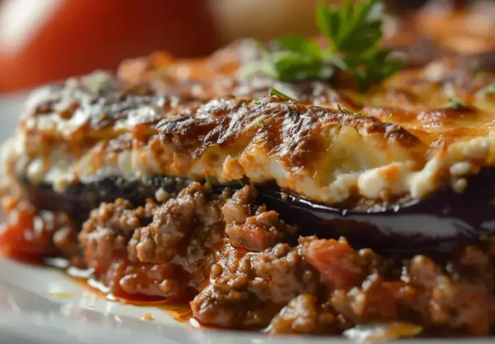 Une généreuse portion de moussaka, plat grec savoureux, avec des couches d'aubergine, de viande hachée et de béchamel gratinée.