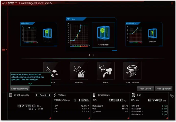 Das Fan Control Software-Interface zeigt Lüfterkurven und Einstellungen für AIO-Pumpen und CPU-Lüfter.