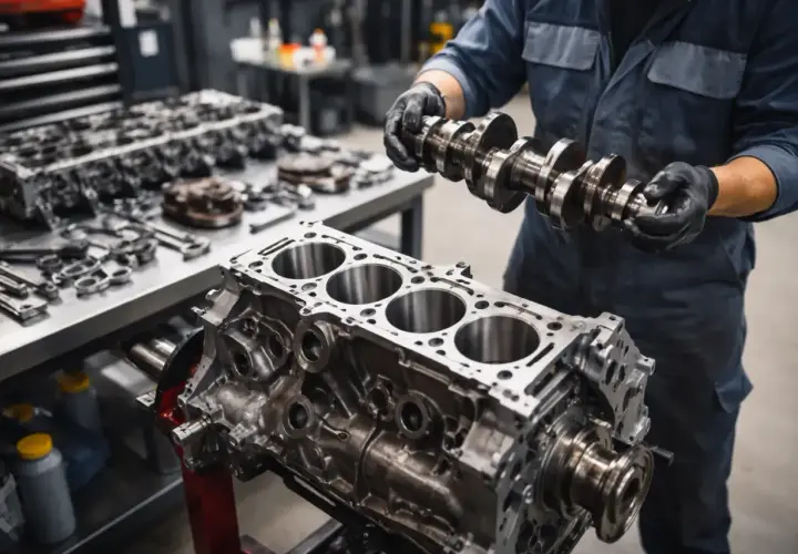 Mechanik w czarnych rękawiczkach trzyma wałek rozrządu nad blokiem silnika. Zastanawiasz się, ile trwa remont silnika?