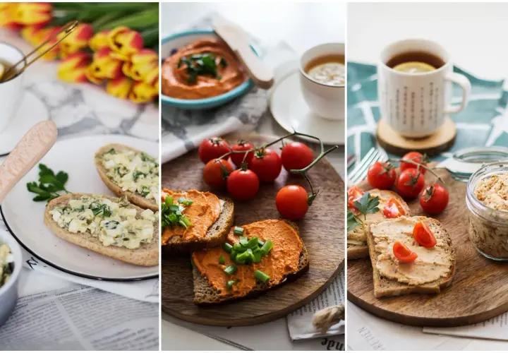 Kolorowe kanapki z pastą na kanapki, pomidorkami i herbatą. Pyszne śniadanie.