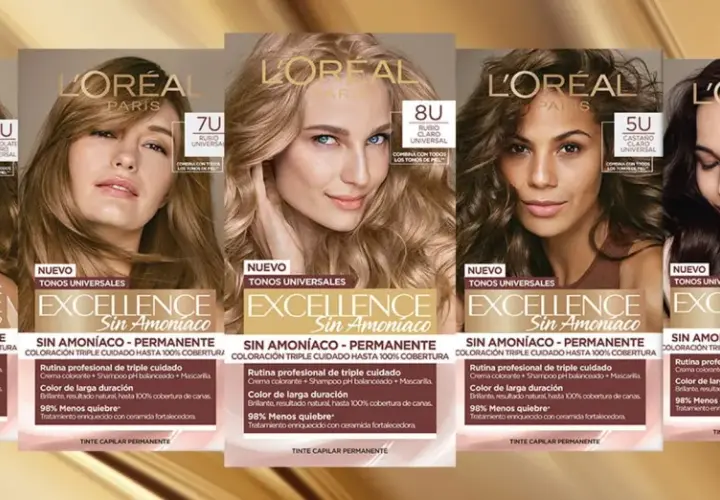 Seis tonos de tinte L'Oréal Excellence Sin Amoniaco, que prometen cuidado y cobertura, pero recuerda que el tinte sin amoniaco daña el pelo.