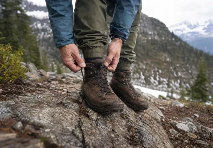 A hiker laces up sturdy brown boots on a rocky mountain trail. The question of should you size up in boots is crucial for comfort on such terrain.